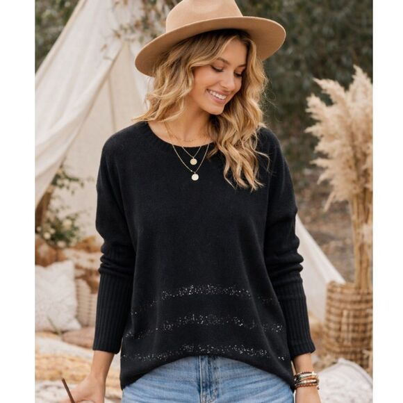 Velvet Sweaters - Velvet Black 100% Cashmere Knit Sweater Sequin Detail Sz L Crewneck Luxury Soft